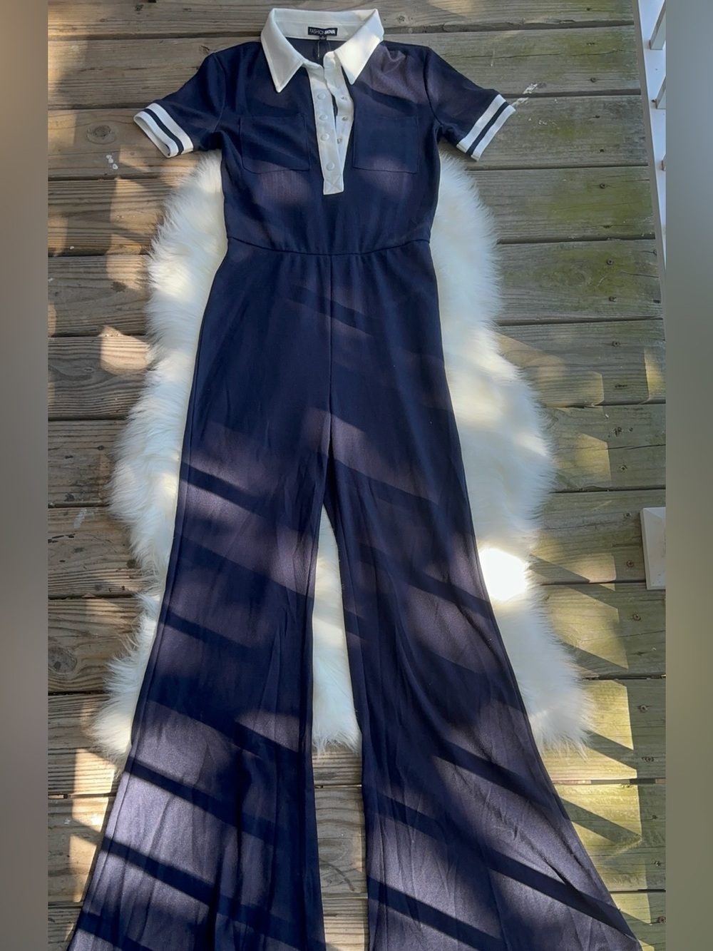 Fashion Nova Navy Polo-Style Wide-Leg Dianna Jumpsuit with White Trim - Picture 5 of 10